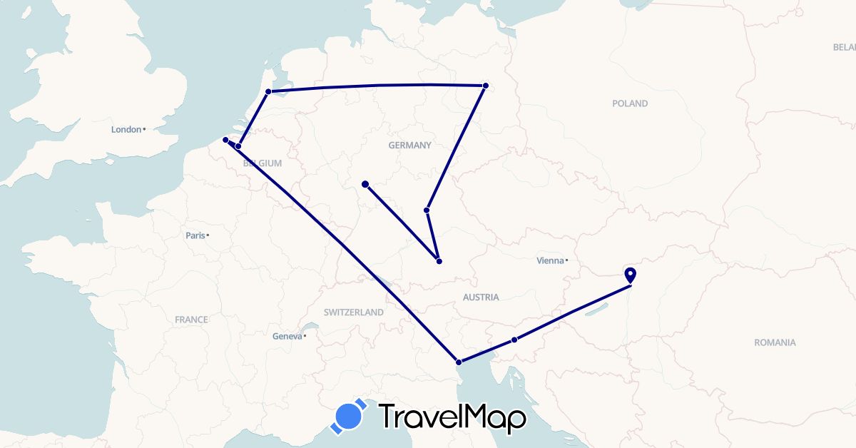 TravelMap itinerary: driving in Belgium, Germany, Hungary, Italy, Netherlands, Slovenia (Europe)